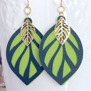 New Layered Faux Vegan Leather Dangling Leaves Handmade Earrings Green Floral